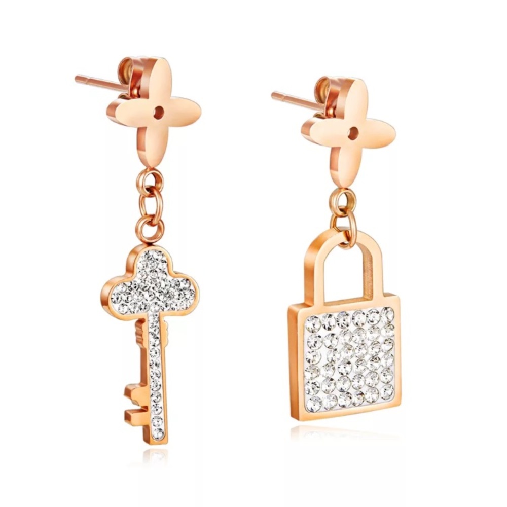 3/$30 Gold Plated CZ Lock & Key Dangle Earrings